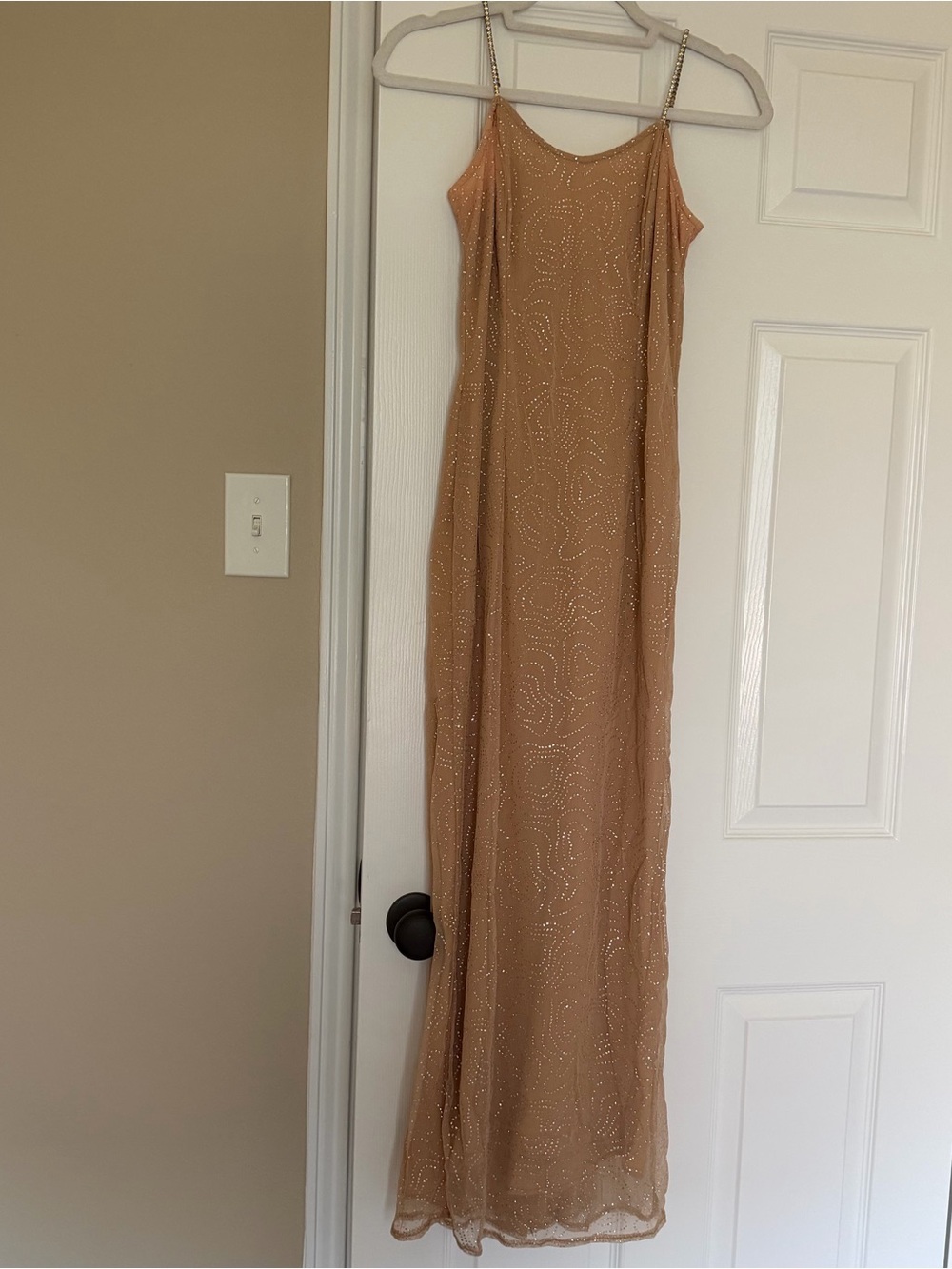 Jessica McClintock Gunne Sax Neutral Nude sparkly bedazzled swirl long dress